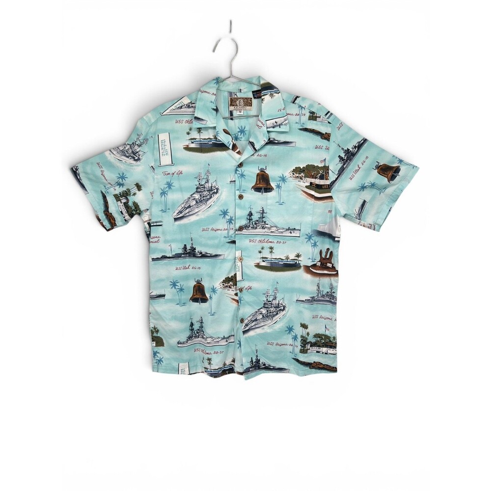 Vintage Kalaheo Shirt Mens Medium Hawaiian Navy Ships USS Arizona WW2 Military